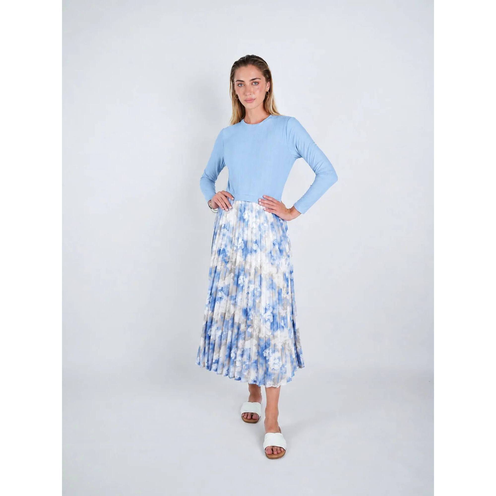 New John Abgin Two Tone Stretch Pleated Midi Dress In Sky Blue